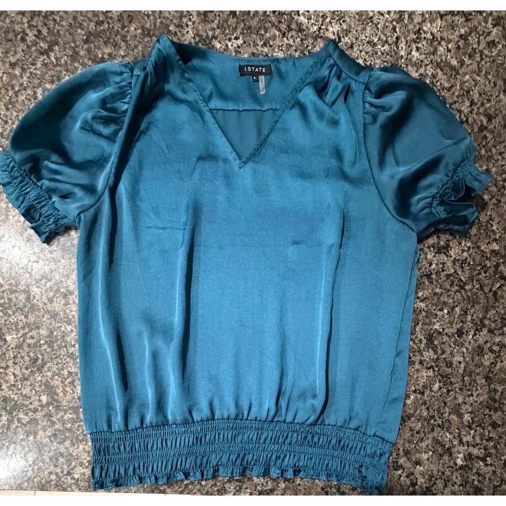 1.STATE Womens Teal Blue Satin V-Neck Smocked Puff Sleeve Blouse‎ Large